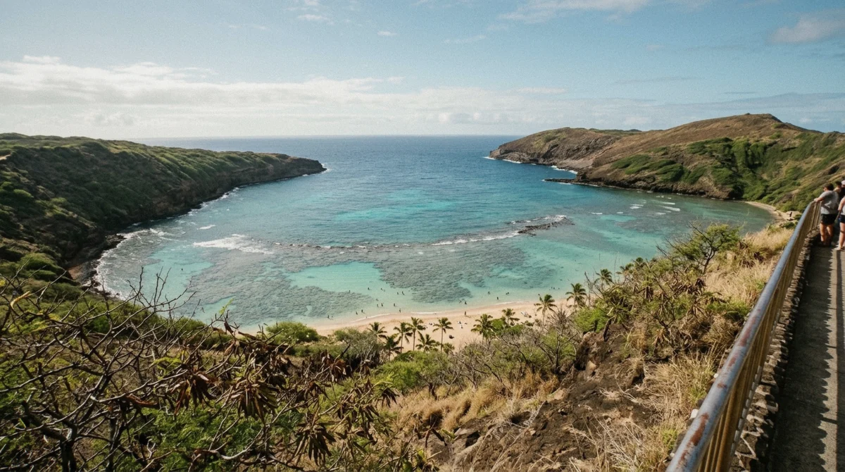 Hanauma Bay seen from the crater rim, a flooded tuff cone on an Oahu volcano tour, Oahu, Hawaii
