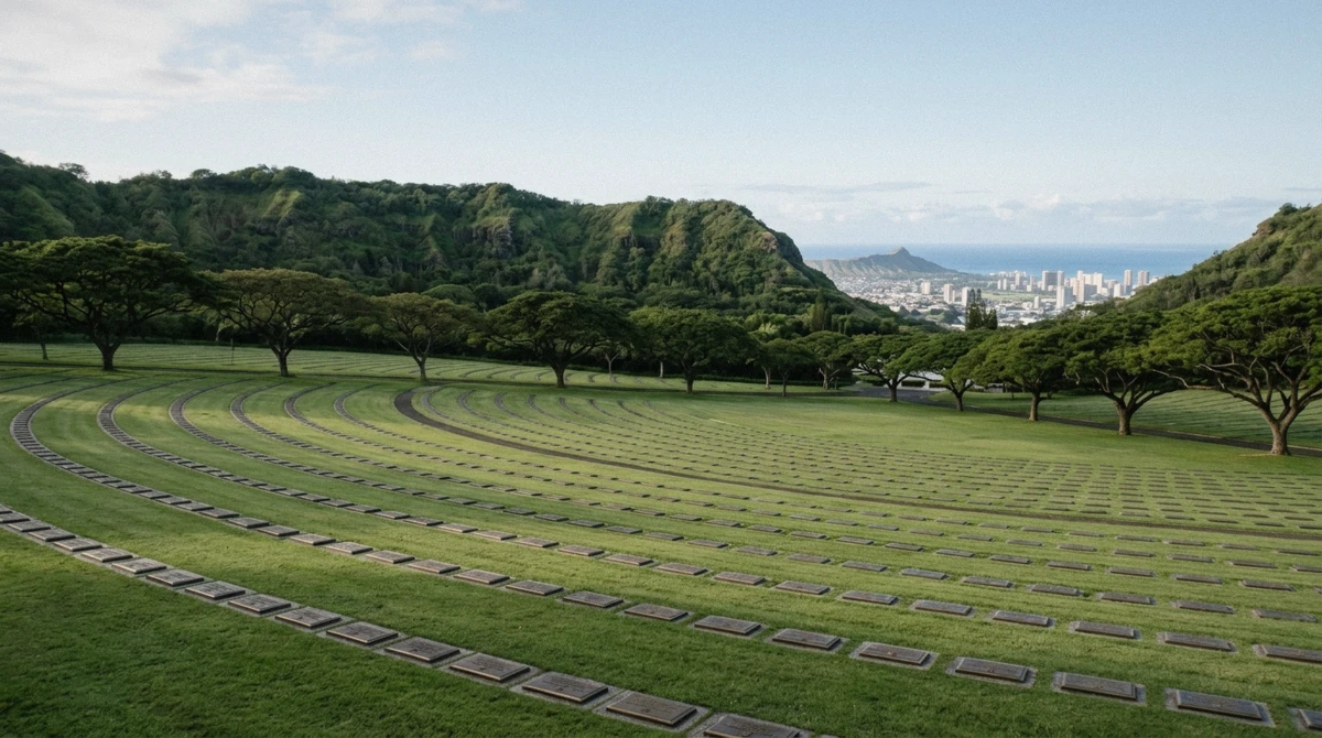 The grass floor of Punchbowl crater above Honolulu, an extinct tuff cone on an Oahu volcano tour, Hawaii