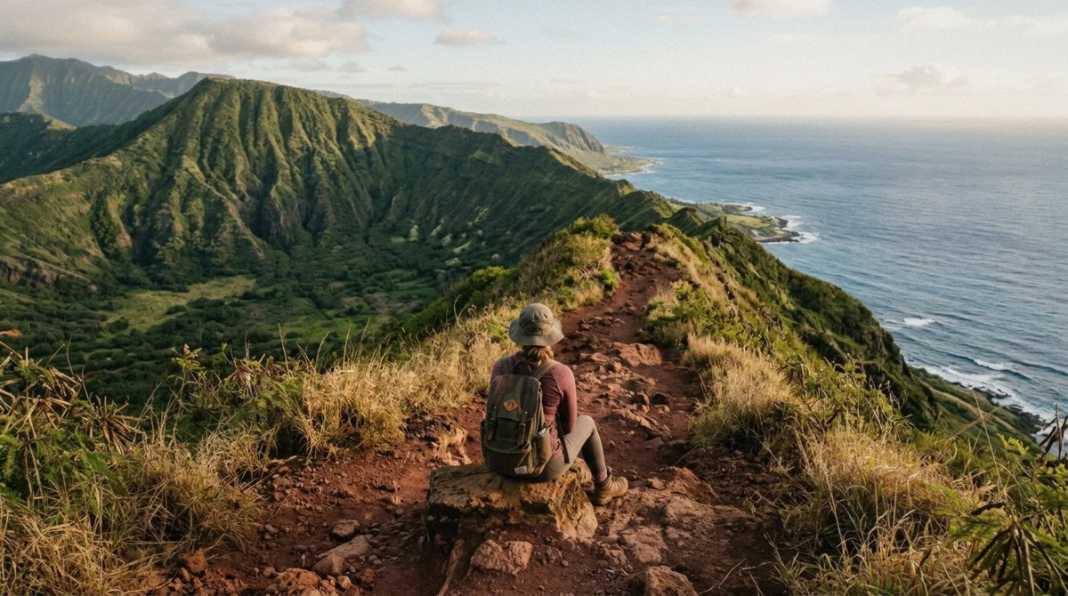 A lone hiker resting on a volcanic ridge trail on an Oahu volcano tour hike, Oahu, Hawaii