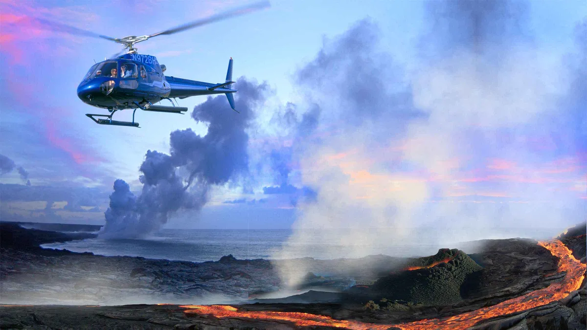 Helicopter over lava fields and steam on a Big Island volcano adventure and helicopter tour from Oahu, Hawaii