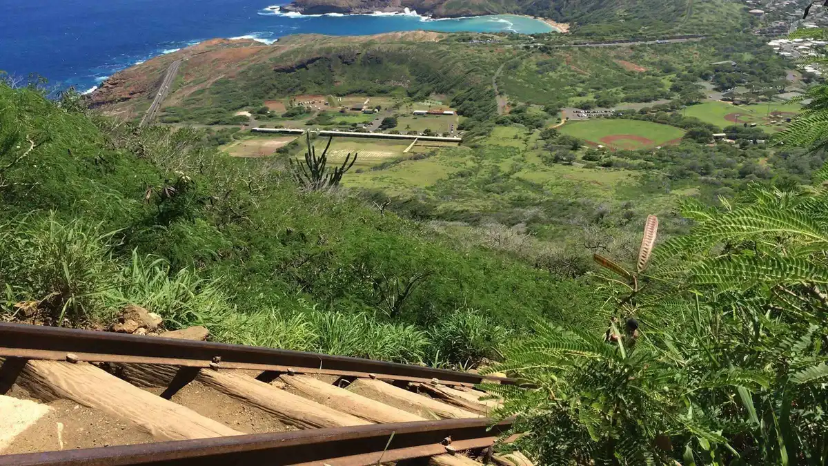 The 1,048 tramway steps up Koko Crater at sunset on a guided Oahu volcano tour hike from Waikiki, Hawaii